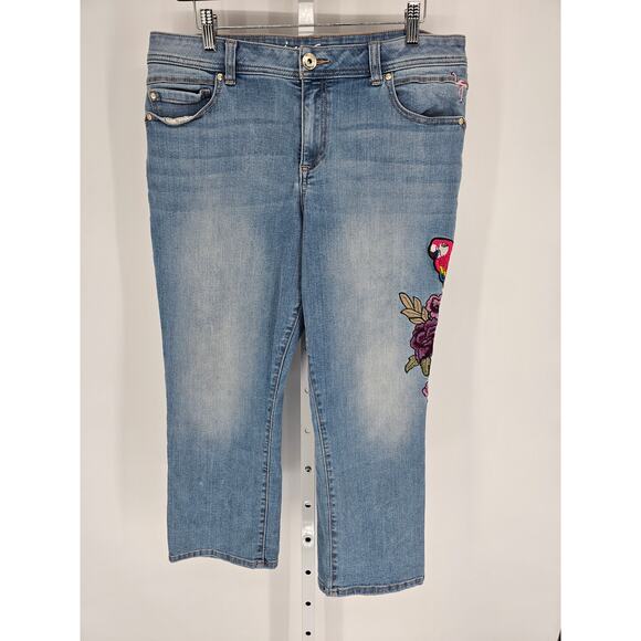 INC Denim Womens Sz 12 Skinny Leg Regular Fit Crop Blue Jeans Parrot Embroidered - Picture 1 of 8